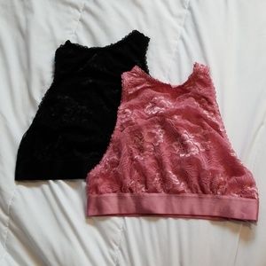 High neck cross back lace bralette pink an…